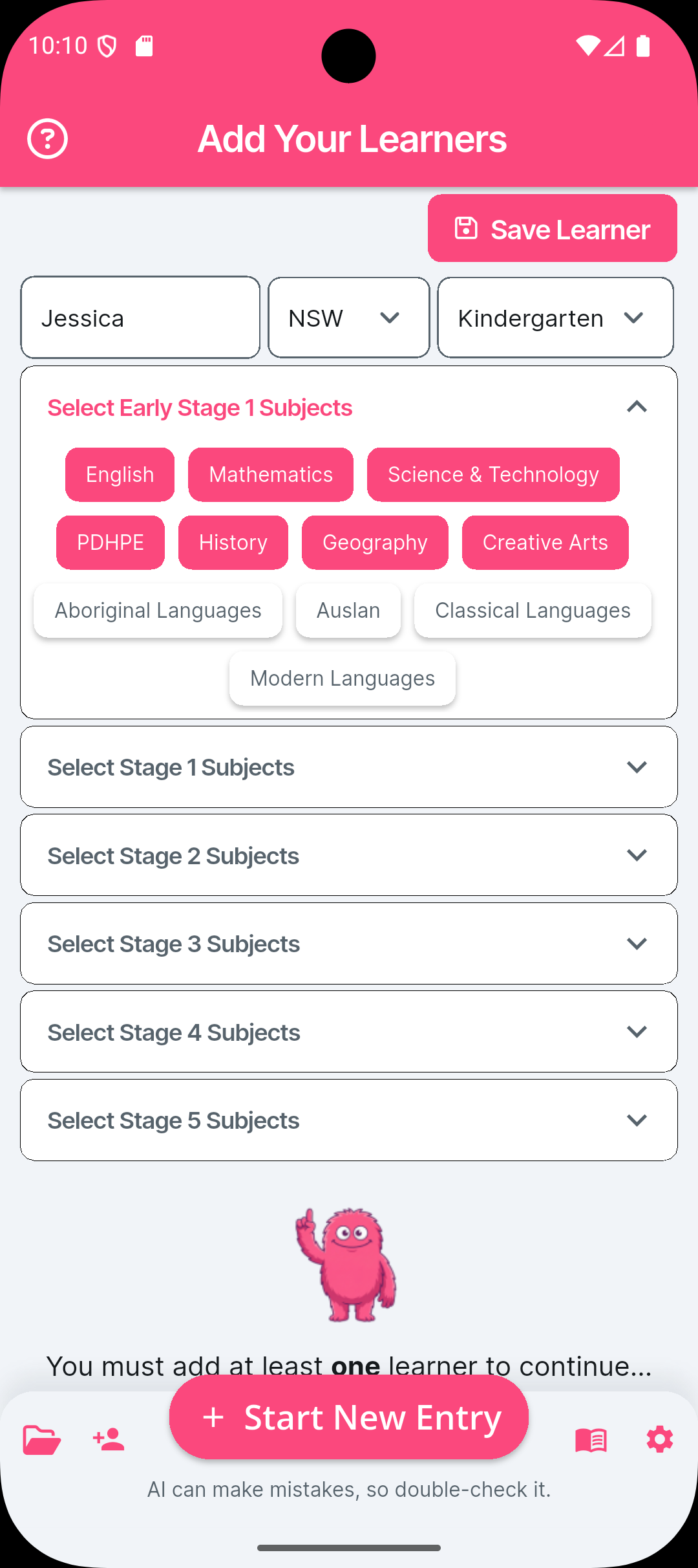 Add learner profiles with state and curriculum selection